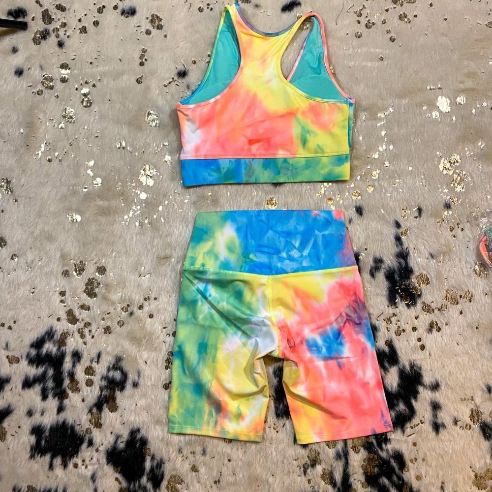 𝅺ZENANA Neon Green and Blue Biker Shorts Activewear Set - Picture 2 of 7